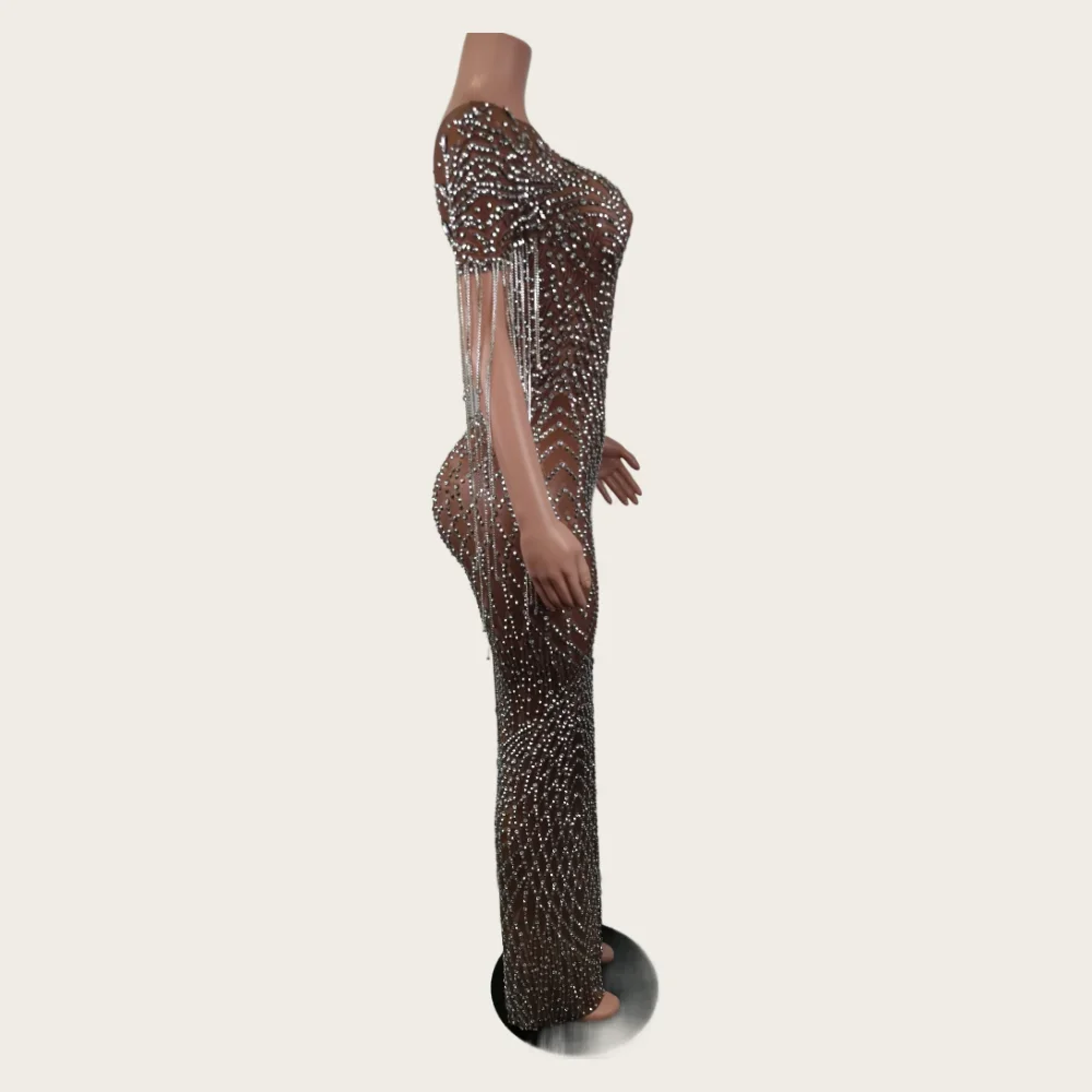 Mode Strass Fransen Transparent Mesh Stretch Kleid Abend Geburtstag Party Prom Feiern Outfit Sexy Bühne Show Kostüme