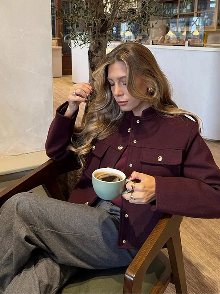 Fashion Burgundy O Neck Full Sleeve Women Jacket Vintage Single Breasted Pockets Cropped Coats 2024 New Lady Autumn Commute Wear