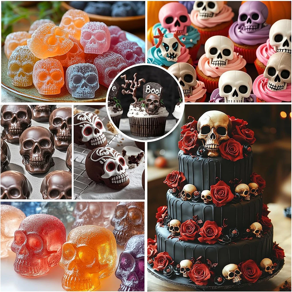 Cetakan silikon coklat tengkorak 40 rongga, cetakan memanggang permen kue biskuit nampan es DIY dekorasi lilin Sabun hadiah pesta Halloween