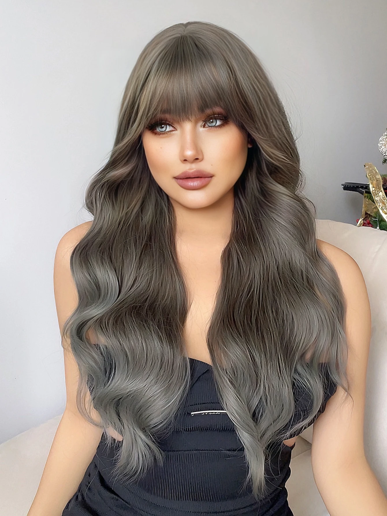 24Inch Brown Gradient Gray Color Synthetic Wigs With Bang Long Natural Wavy Hair Wig For Women Daily Use Cosplay Heat Resistant