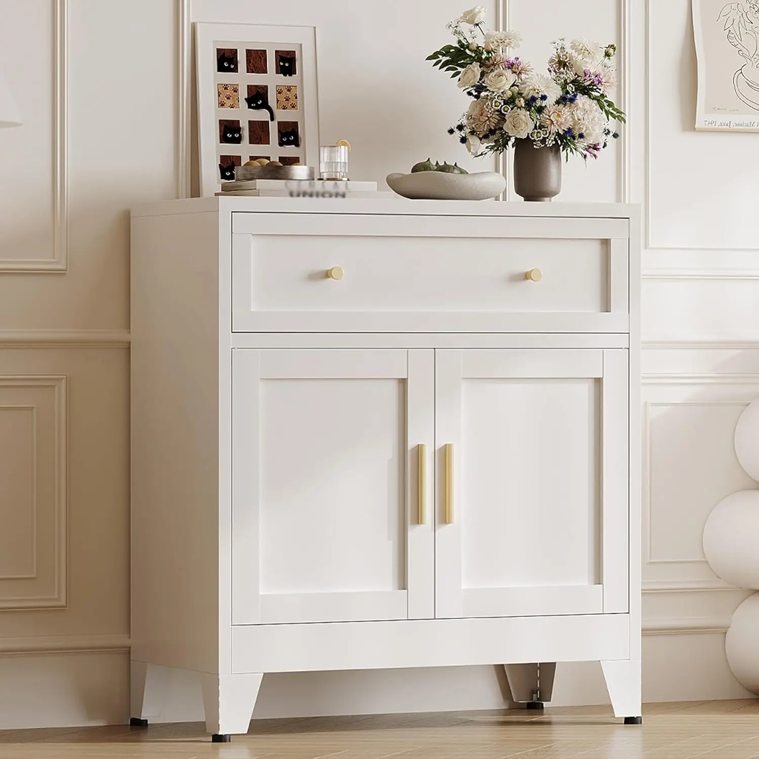White Metal Buffet Cabinet with Storage for Kitchen or Dining Room