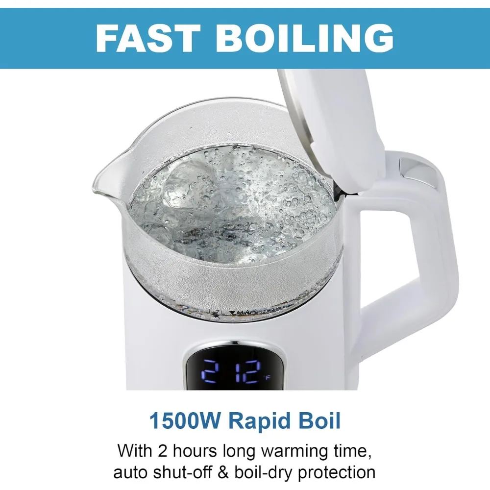 Chaleira elétrica, chaleira de água de vidro de ebulição rápida de 1500 W com controle de temperatura, base de aço inoxidável sem fio de 1,7 L, manter aquecido