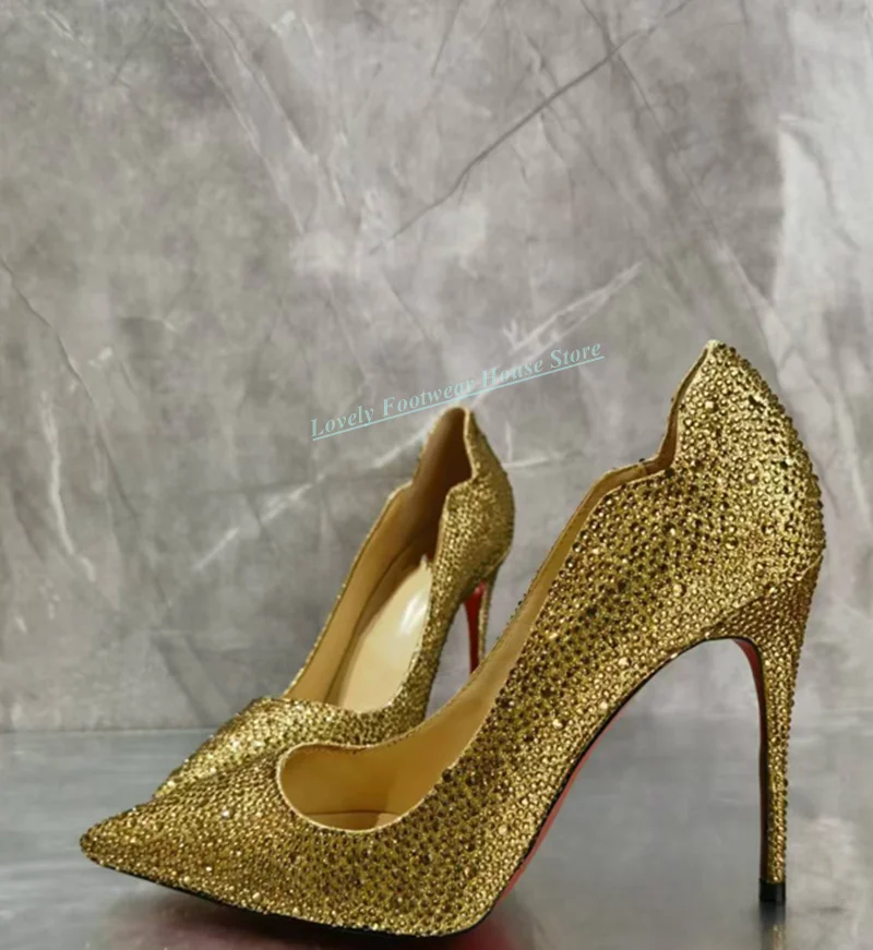 Luxury Crystal Decoration Woman Stiletto Heel Single Shoes Pointed Toe Slip On Lady Gold Red Party Wedding Pump Shoes