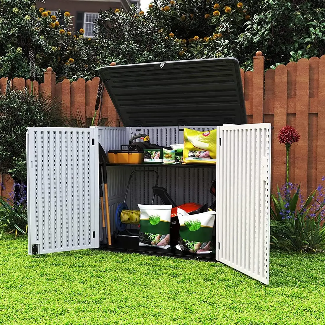 Kinying Larger Outdoor Storage Shed Weather Resistance, Horizontal Outdoor Storage Box Waterproof For Garden, Patios,