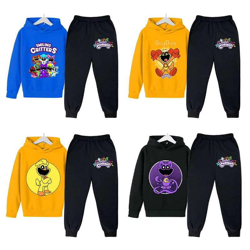 

2pcs Set Smiling Crittersed Hoodie Sweatshirt Pants Warm Plush Child Trendy Jacket Anime Cartoon Kids Clothes Autumn Winter Xmas