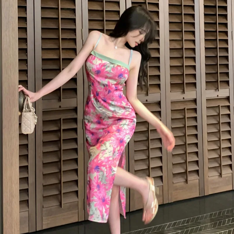 

Sexy Floral Print Asymmetrical High Waist Long Dress Women's Slim Fit Split Strapless Gown Summer Season Zipper Closure Dress