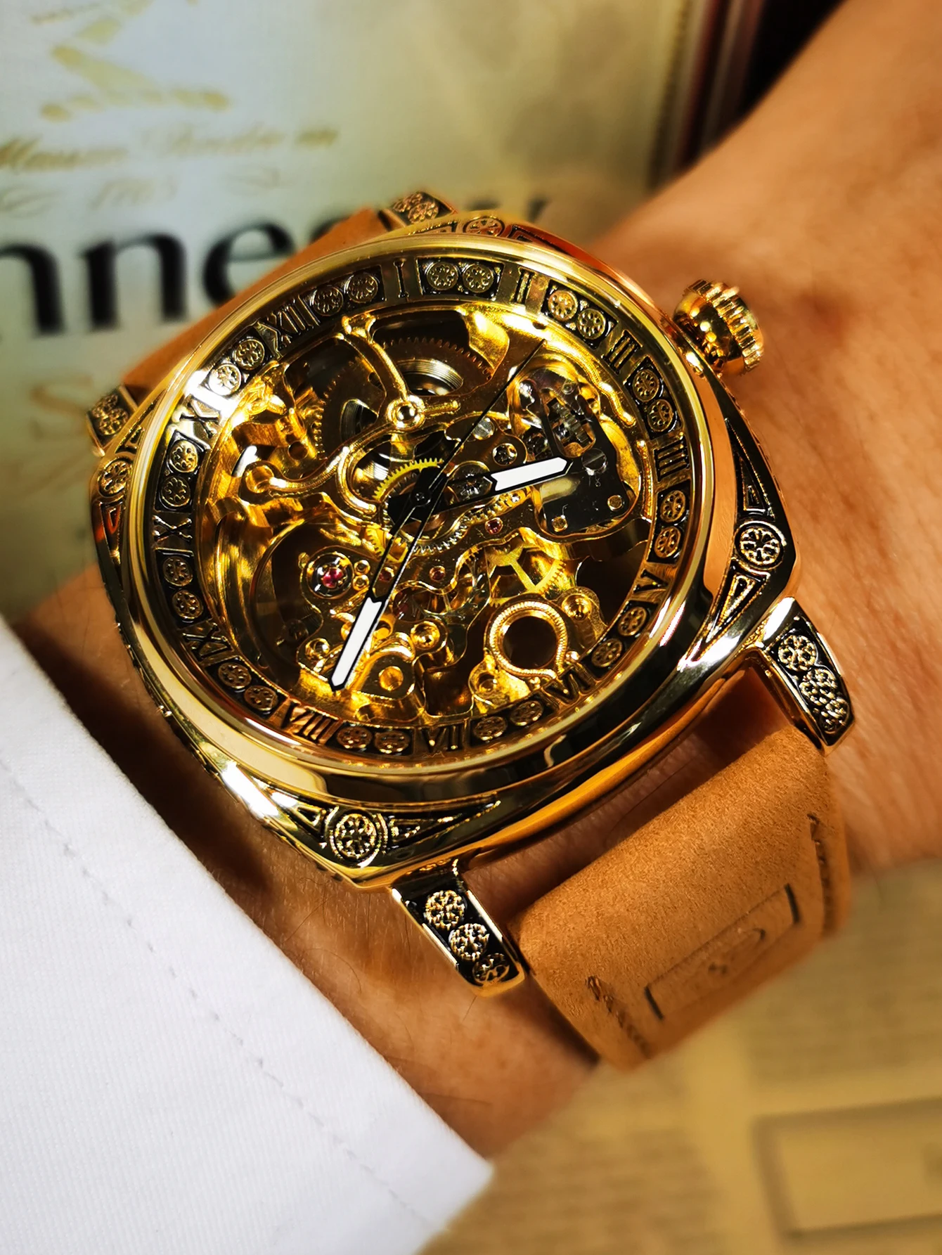 Forsining Gold Vintage Skeleton Mechanical Watches for Men Luxury Brand Square Engraved Automatic Watch Genuine Leather Strap