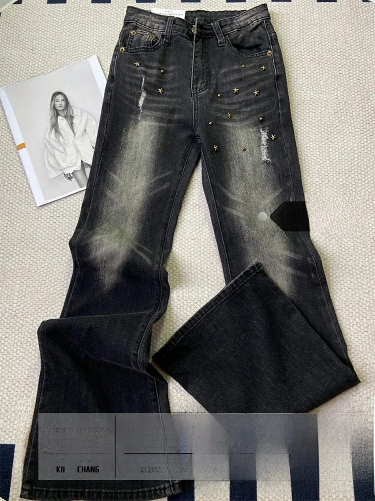 

Ретро джинсы-клеш с высокой талией, широкими штанинами, осенне-зимний дизайн, с принтом звезд, высокоэластичные, цветные, женские