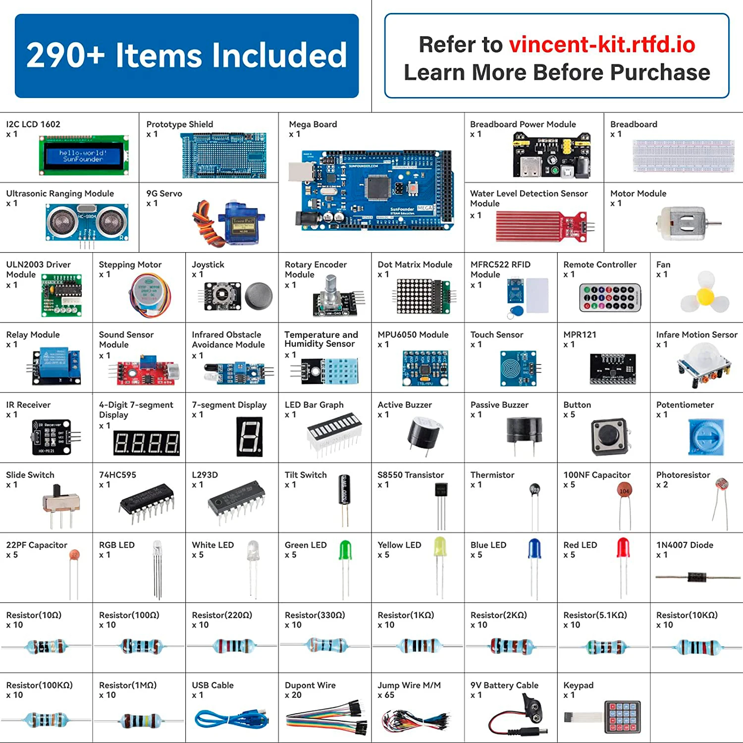 SunFounder Project The Most Complete Electronics Starter Kit Compatible with Arduino Mega 2560 R3 Mega328 Nano, 73 Tutorials