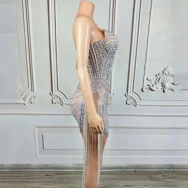 럭셔리 진주 파티 드레스 라인스톤 드레스 여성 가수 고고 의상 재즈 의류 무대 의상 갈라 의상