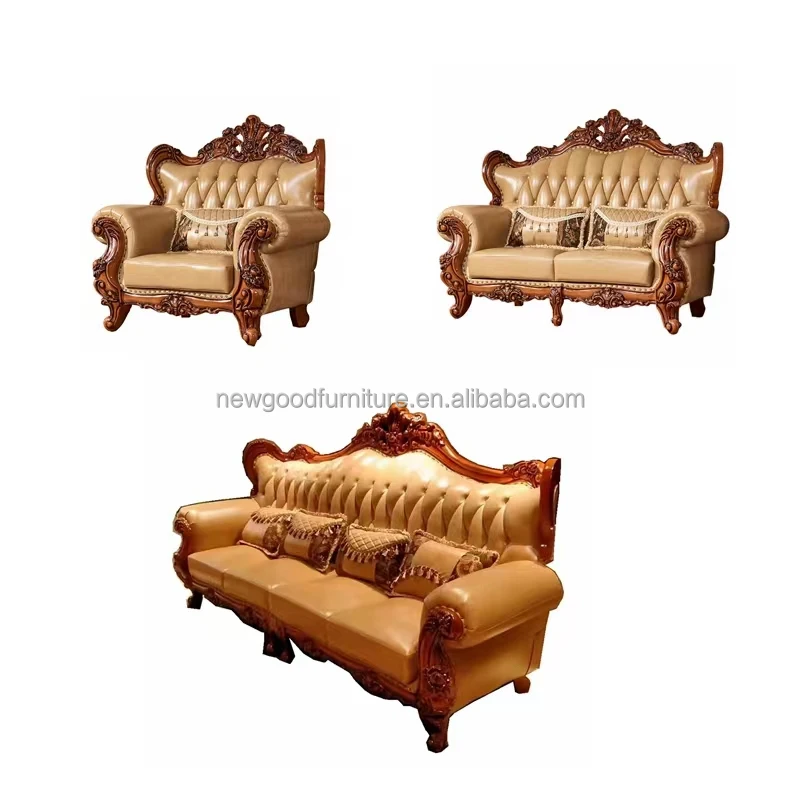 

European antique style traditional home furniture fabric combination sofa set with leather bed, suitable for apartment use