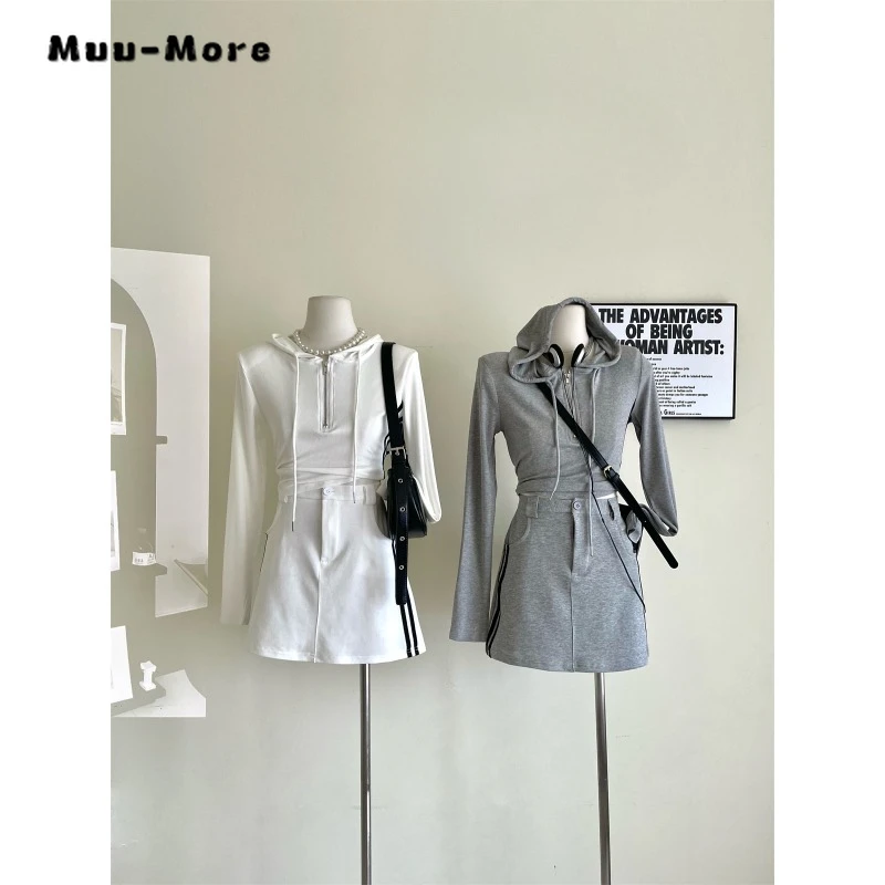 

2023 Autumn Sporty Style Solid Color 2 Piece Set Women Long Sleeve Hoodied Sweatshirt + A-line Skirt Casual Two Piece Skirt Set