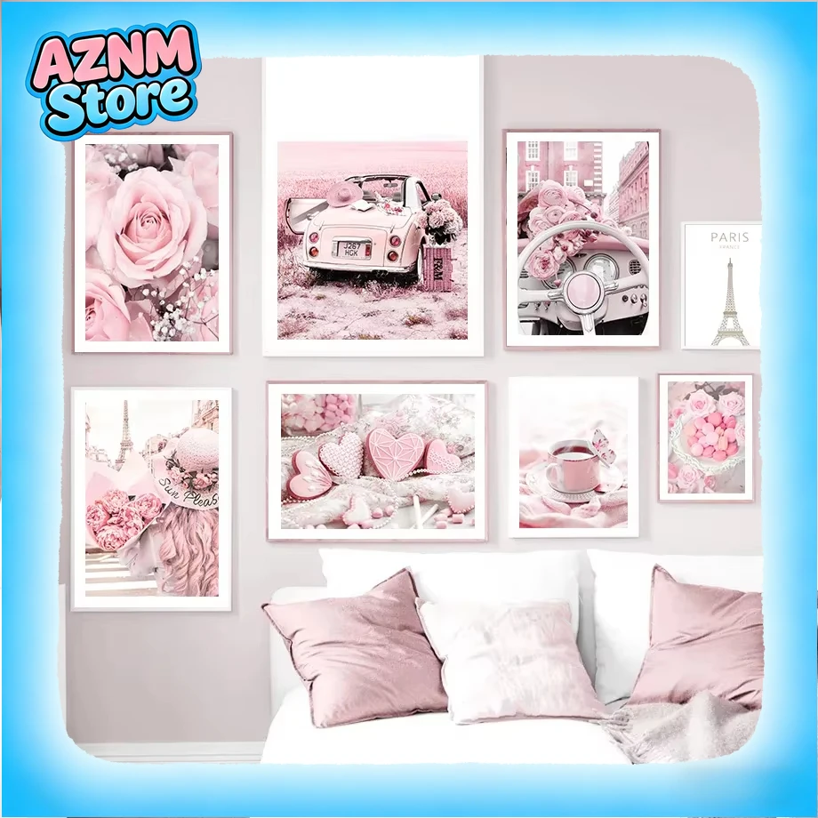 1PC Frameless Pink Rose Paris Tower Vintage Car Cake Wall Art Canvas Painting Posters Wall Pictures For Living Room Decor