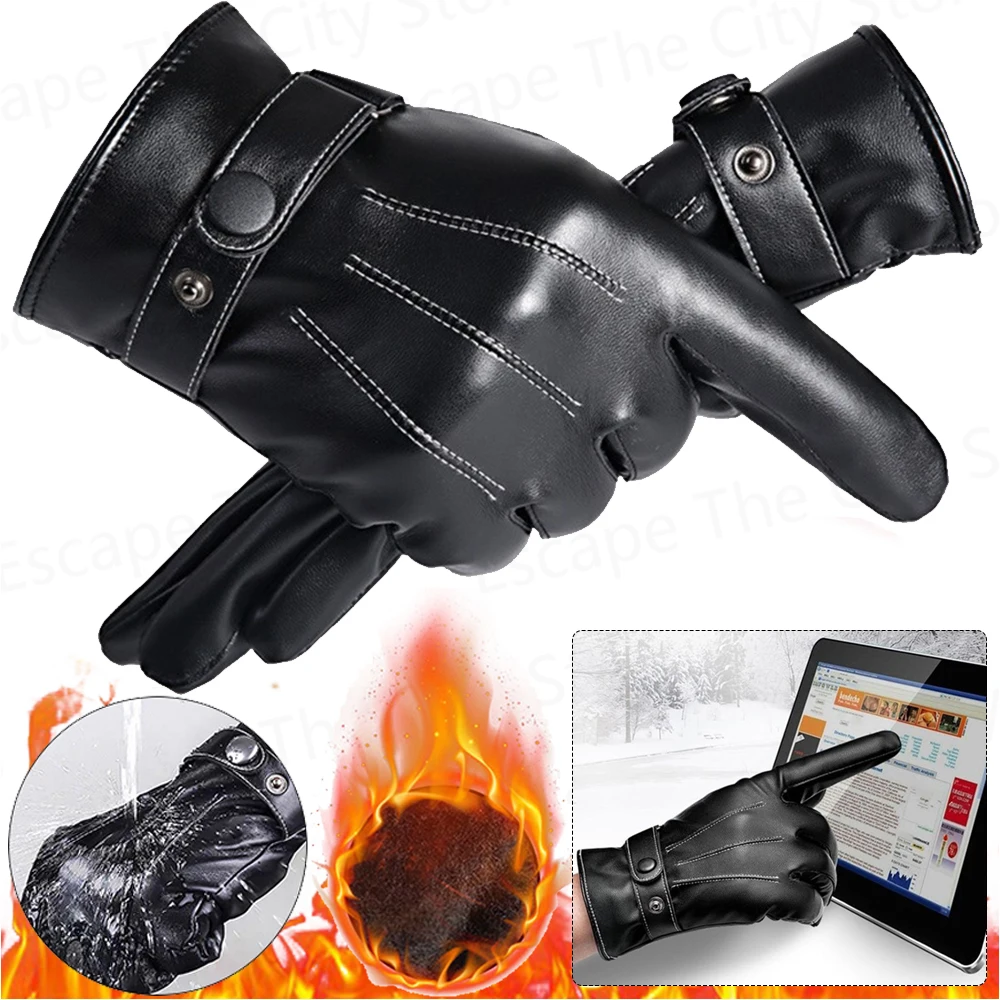 Men Winter Full Finger Gloves PU Leather Protection Riding Gloves Non-slip Touch Screen Gloves Adjustable Button for Outdoor