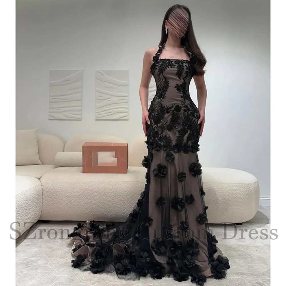 

Customized Luxury Spaghetti Straps Tulle Lace Appliques Evening Dress for Wedding Lace up Back Mermaid Prom Dress with Train