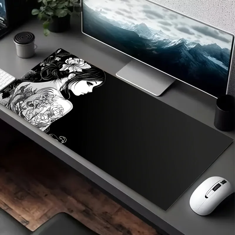 A Japanese-style Floral Tattoo Girl Pattern Design Mouse Pad, Non-slip Desk Mat, Rubber Backing, Available in Multiple Sizes.