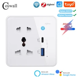 Glass White WIFI/ZIGBEE Tuya Universal Socket +Dual USB 20W Type-C Fast Charger QC 3.0 DC 5V/9V/12V Output With Touch Main Swith