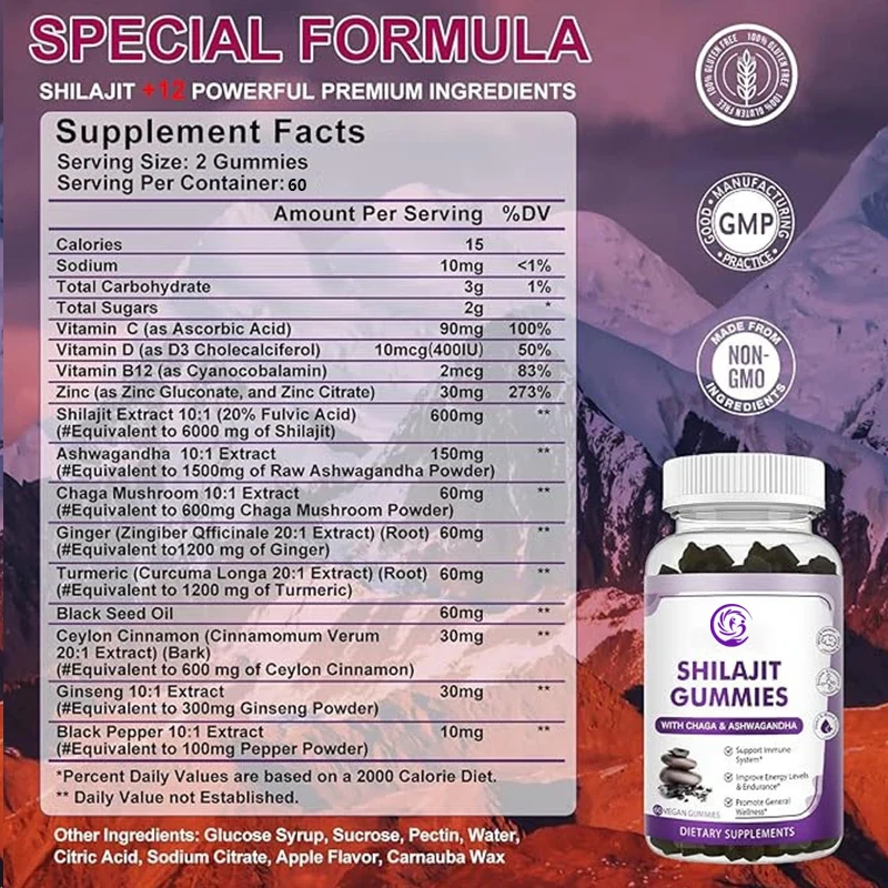 Shilajit-Gummis, 100 % rein natürliches Himalaya-Shilajit, geeignet für Männer und Frauen, vegetarisch, nicht geneticell modifiziert