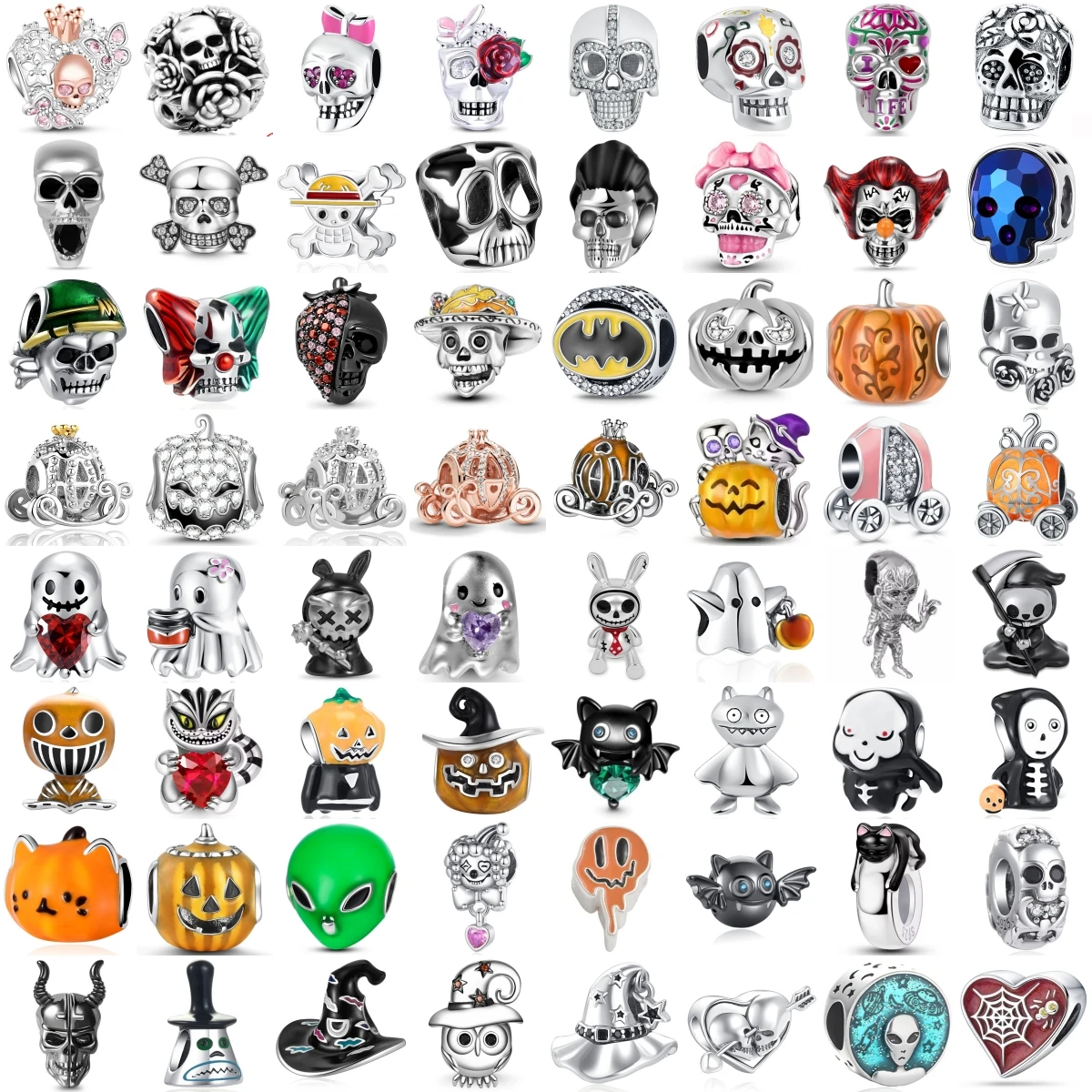 Silver Halloween Skull Charm Bead Sugar Skull Pumpkin Ghost Alien Witch Hat Large Hole Bead Pendant Fit DIY Holiday Jewelry Gift