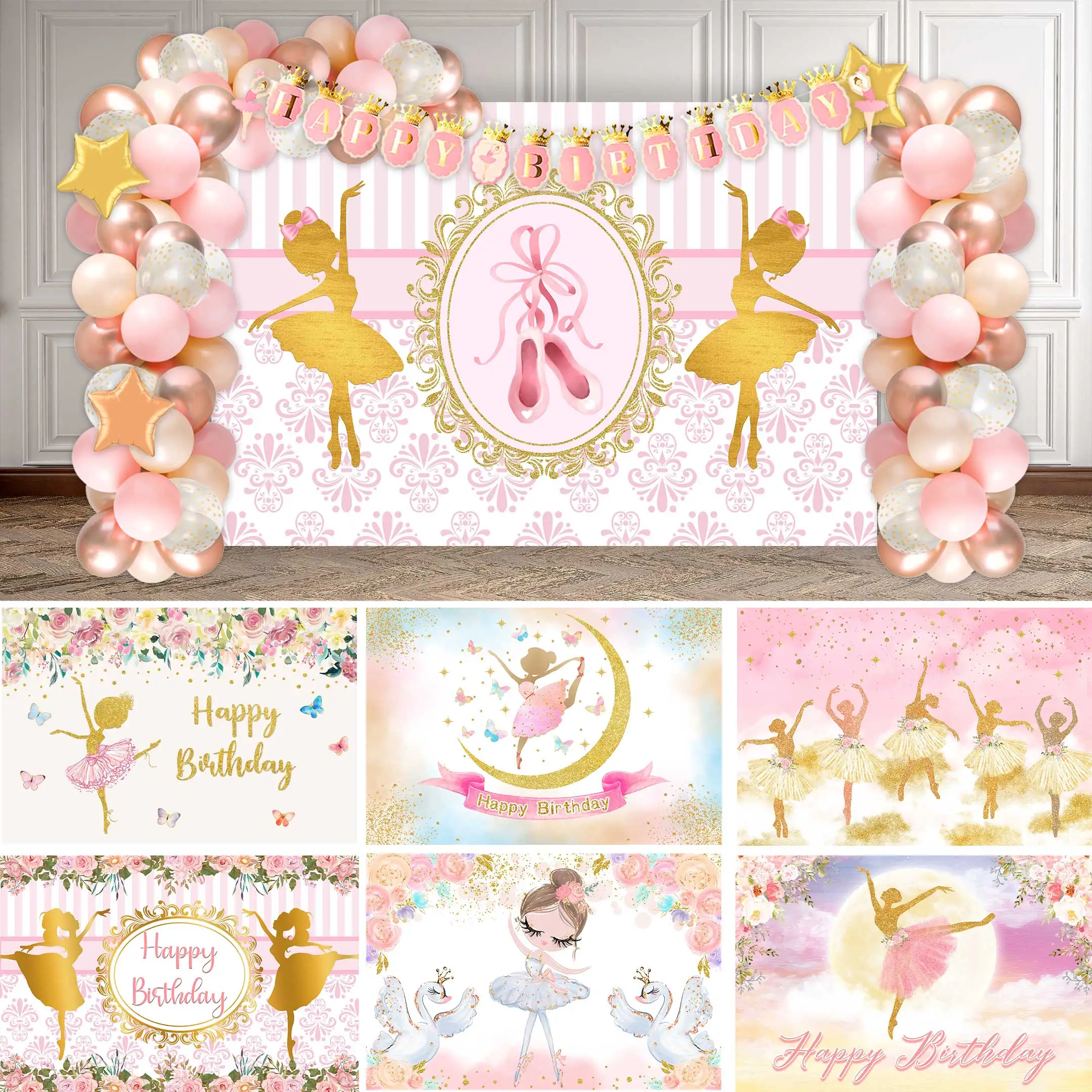 NeoBack Birthday Ballet Dancer Girl Princess Background Golden Pink Baby Shower Party Photo Tutu Backdrop Fairy Photography