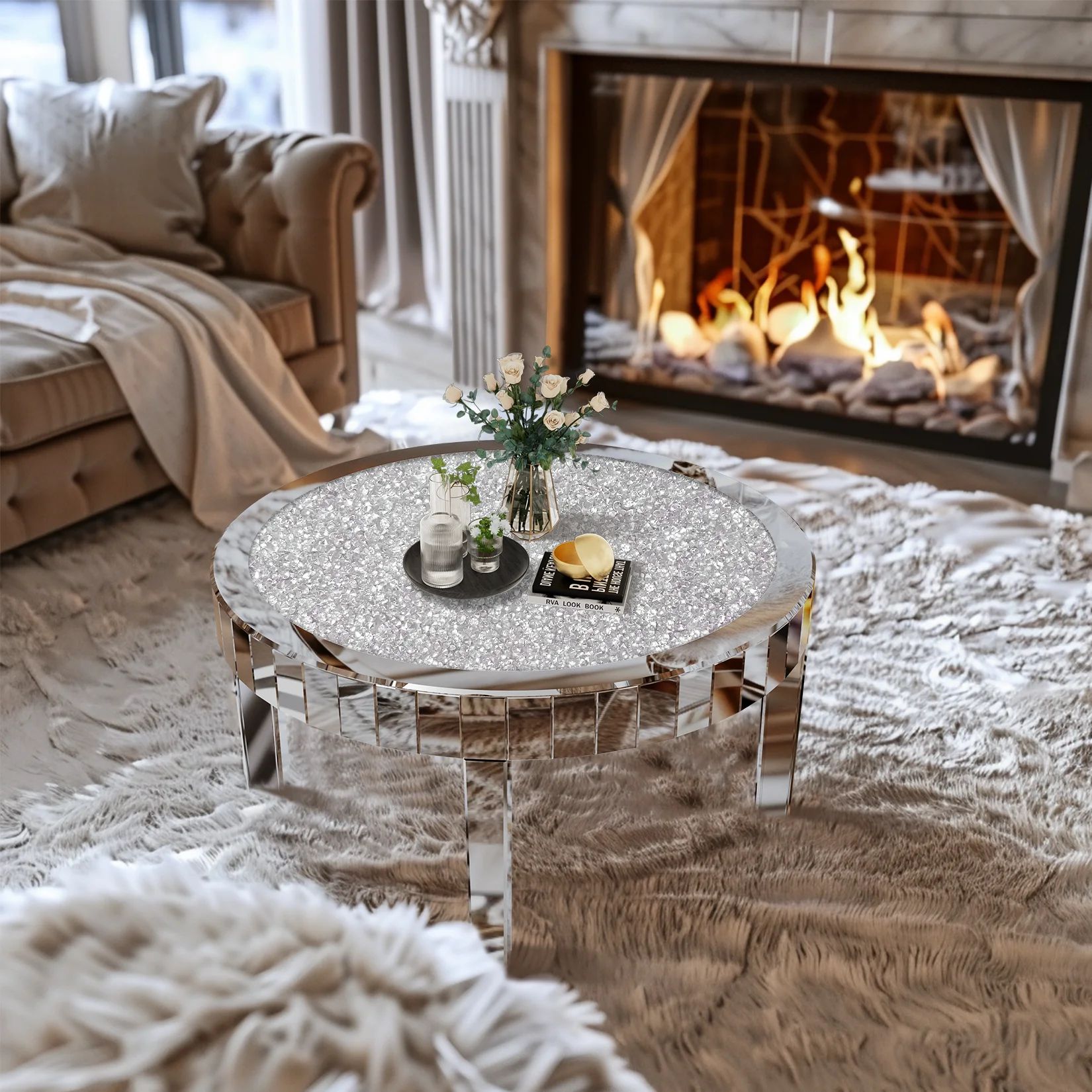 Modern Round Coffee Table with Mirror Surface, Silver Accent Table Living Room Mirrored Coffee Table with Crystal Inlay, 31.5''