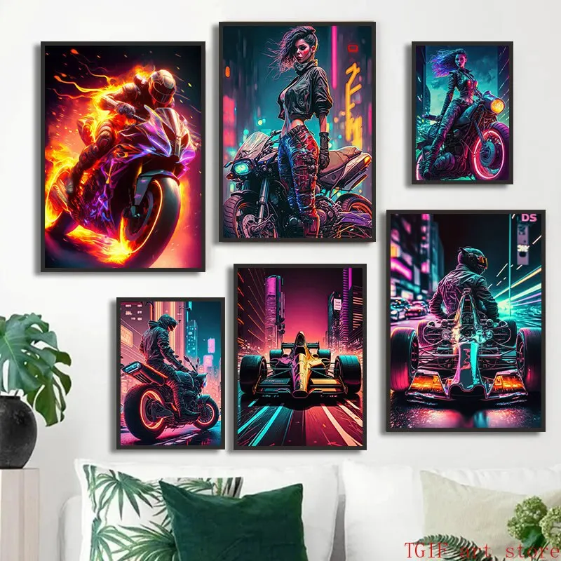 Sexy Punk Girl & Racing Motorcycle Neon Canvas Print - Modern Wall Art for Living Room Decor