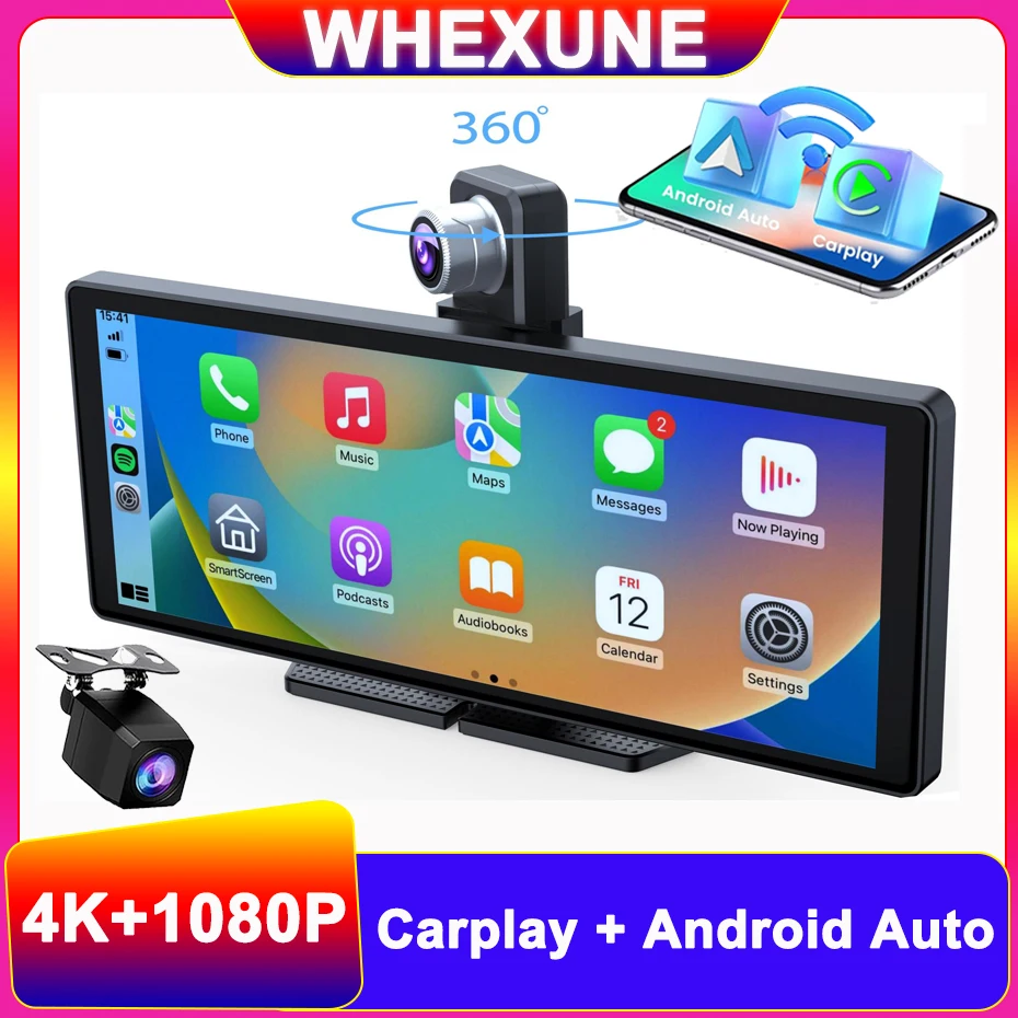 

10.26 Inch 4K Car DVR Wireless CarPlay&Android Auto Dash Cam GPS Navigation Dashboard AUX BT FM Video Recorder 24H Monitoring