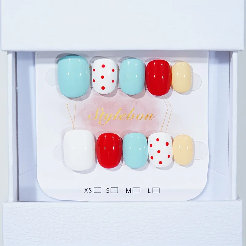 

10Pcs Handmade Press on Nails Dopamine Macaron Polka Dot Solid Color False Nail Short Oval Detachable Wearable Nail for Women