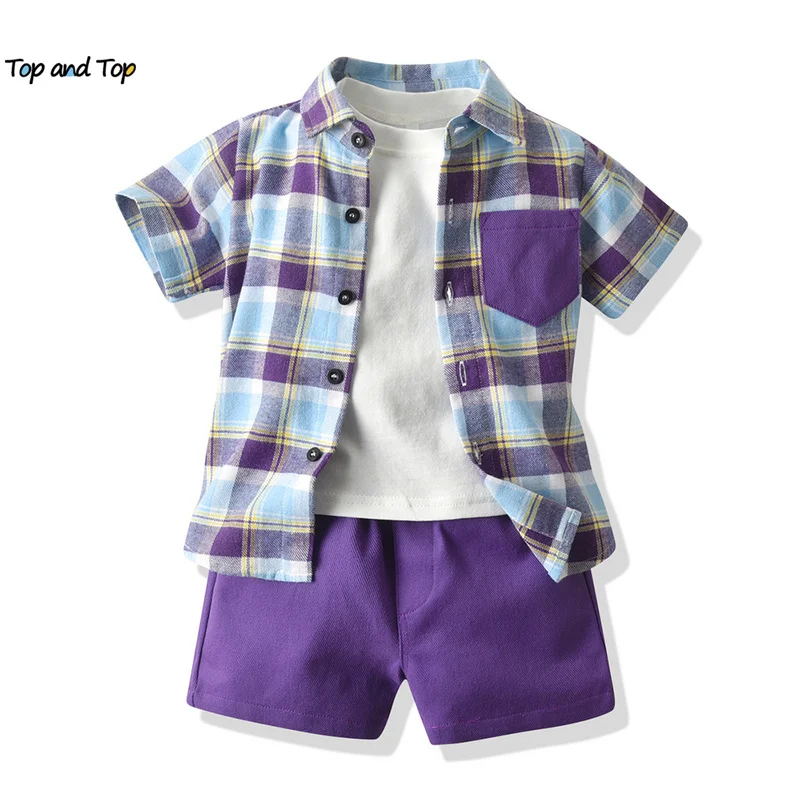 

top and top Summer Children Boy Gentleman Clothing Sets Kids Boys Casual Clothes Plaid Shirt+White Tshirt+Shorts Formal Suits