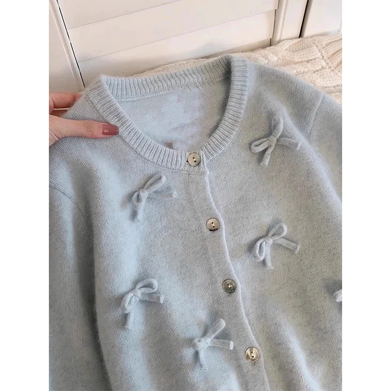 Sweet Cropped Knitted Cardigan Women Bow Sweater Outerwears Korean Fashion Long Sleeve Knitwear Winter Casual Jumpers Tops New