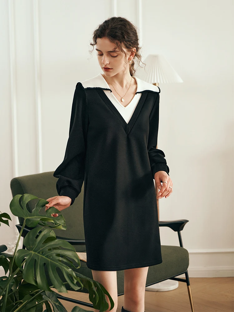 OLrain Sailor Collar Woman Dresses 2025 Autumn Preppy Style Black A-line Elastic Knit Puff Sleeve Spliced Mini Dress N56QL85505