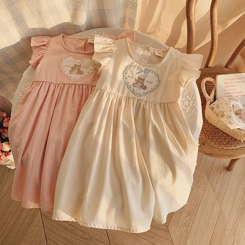 

Love Bear Embroidered Girls Dress 2026 Summer Lotus Leaf Edge Small Flying Sleeve Children's Skirt
