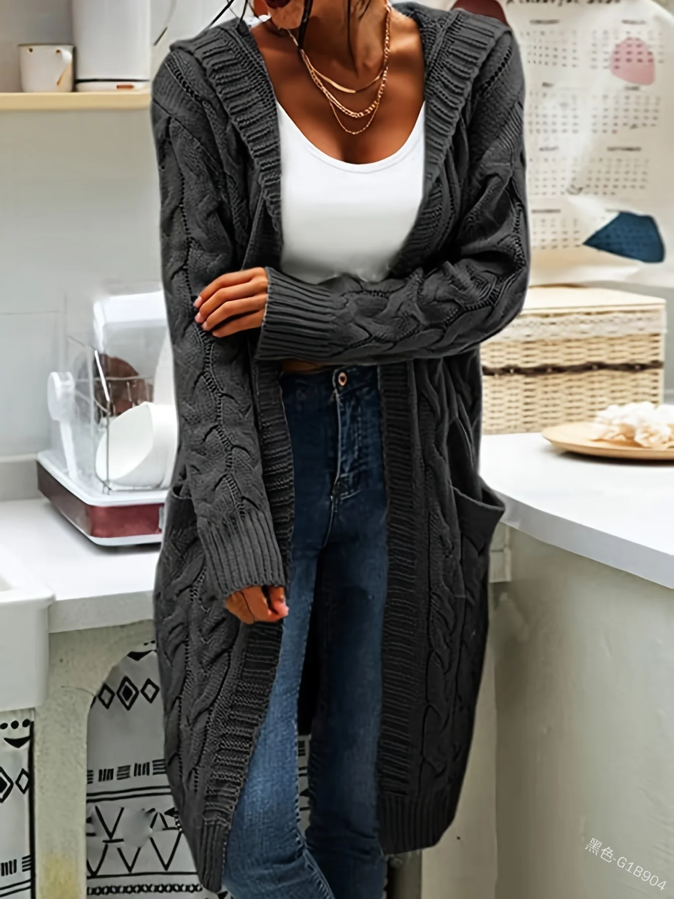 Hooded Twist Knitted Long Cardigan Solid Thick Pocket Sweater Women Casual Loose Autumn Winter Tops Fashion Streetwear Outfits