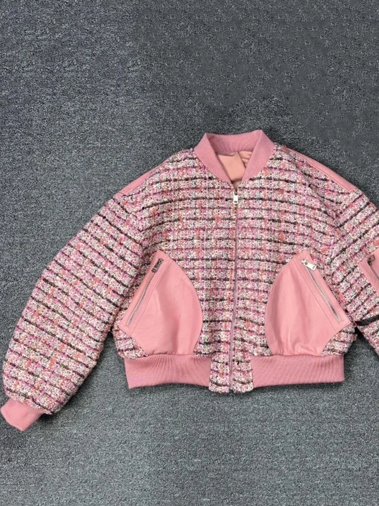 Lente Herfst Dames Nieuwe Stijl Echte Schapenvacht Splicing Jas Bovenkleding Stand Kraag Rits Lange Mouw Loose Fit Korte Jassen