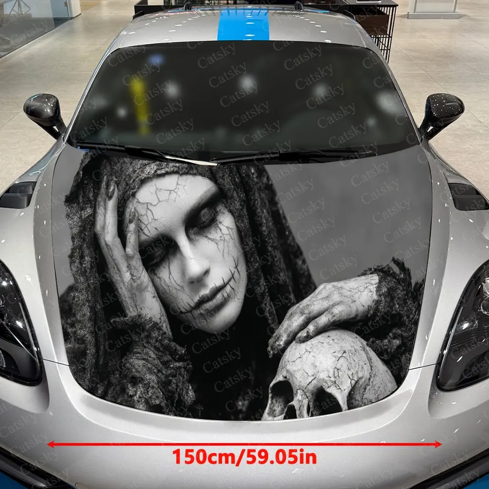Skin-Split Girl & Skull Car Vinyl Wrap,PVC Waterproof Car Hood Sticker, Self-Adhesive Scratch-Resistant Sticker for Engine Cover
