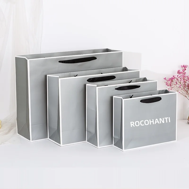 10- 100 PCS Recycled Lamination Custom LOGO Grey Wig Apparel Packaging Gift Paper Shopping Packing Bag Printing