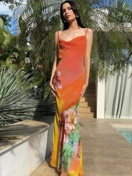 Summer Backless Spaghetti Strap Women Long Dress Flower Print Low Chest Sexy Bodycon Seaside Party Beach Vacation Maxi Dress