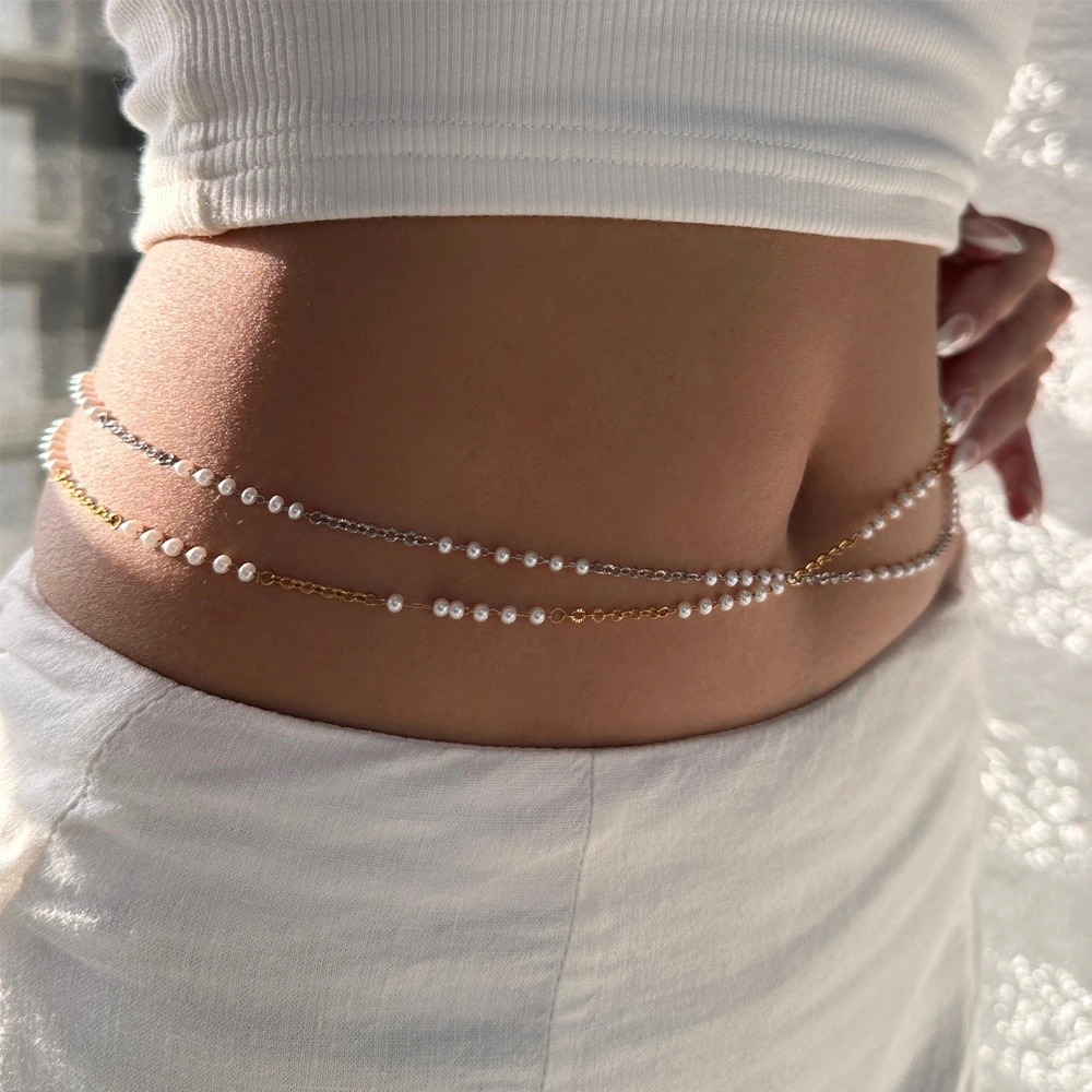 ENFASHION Waist Chain Imitation Pearl Belly Chain For Women's Stainless steel 18K Gold Plated Hight Street Jewelry O250009