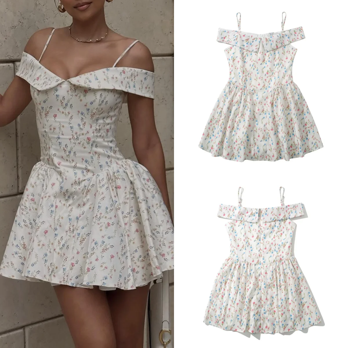 

TRAF short dress off-shoulder retro flared print dress sexy birthday party dress A-line skirt women's clothing 2024 summer new