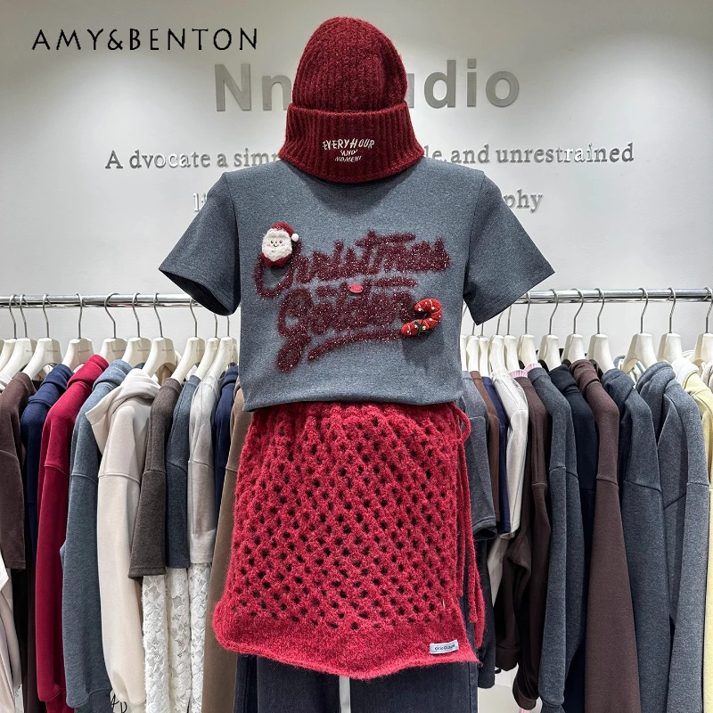 

Рождественская утолщенная футболка с короткими рукавами и начесом, женские зимние футболки с обычными плечами, облегающие короткие топы для внутреннего ношения