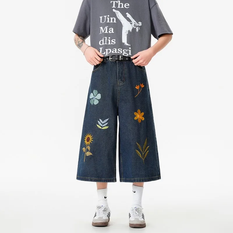 

Mens Shorts Denim Shorts Streetwear Straight Cut Embroidered Flower Design Seven Tenths Length Casual Wear