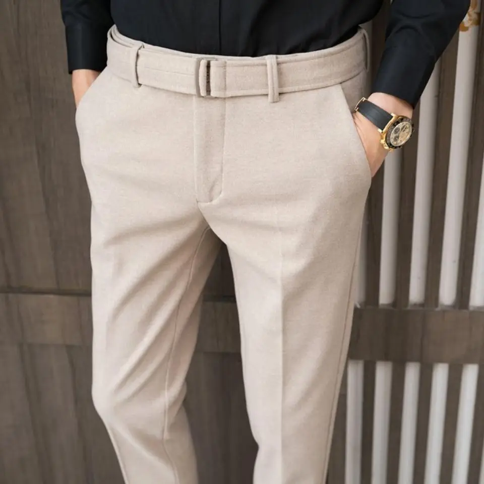 Slim Fit Gray Men\'s Summer Pants Tressed with Belt Elegant Formal Spring Clothes Male Suit Trousers Tailoring Stylish Offer 2024