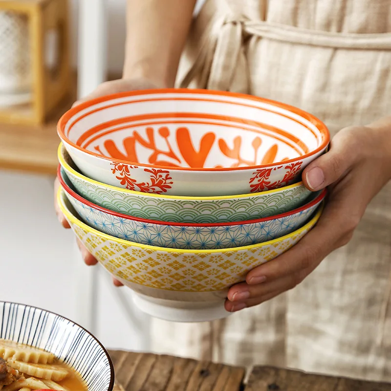 32Oz Japanese Soup Ramen Bowl,Stackable Round Fine Porcelain Cereal Pasta Serving Bowl,Microwavable Ceramic Bowls レトロなラーメンボウル