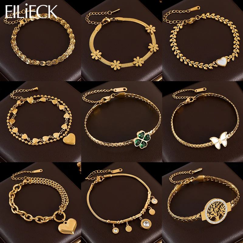 GANEMLY 316L Stainless Steel Butterfly Tree Clover Zircon Charm Bracelet For Women Fashion Trendy Wrist Chain Jewelry Gift Party