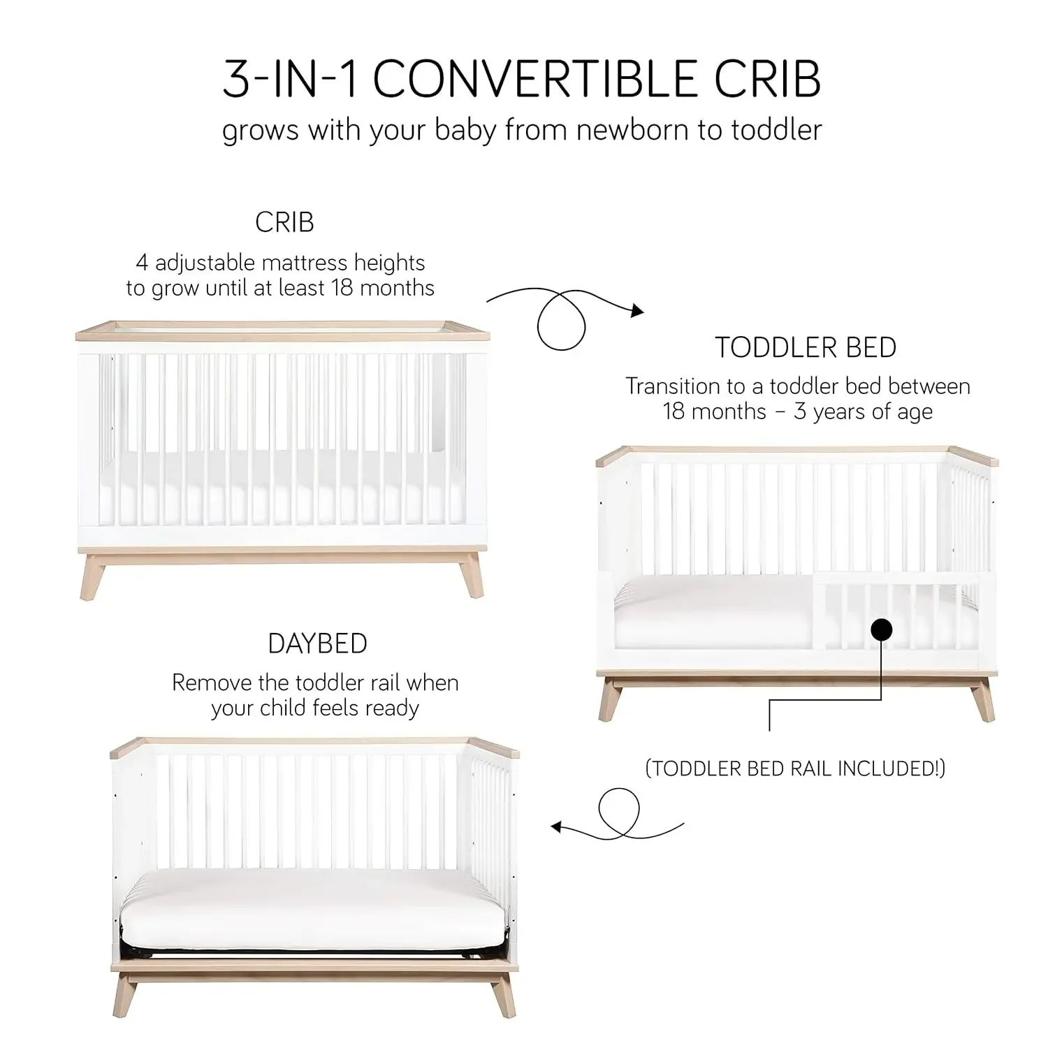 Babyletto Scoot 3-in-1 Convertible Crib with Toddler Bed Conversion Kit in White and Washed Natural, Greenguard Gold Certified