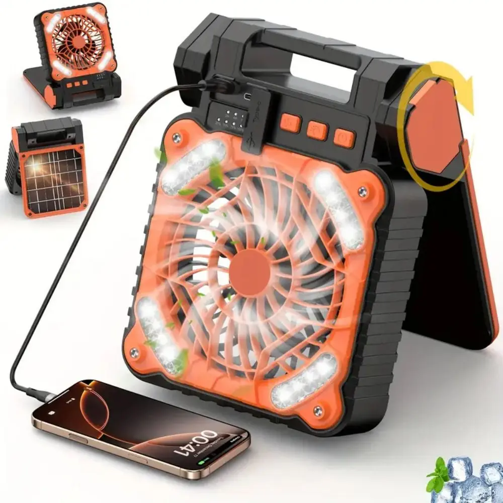 5200mAh Outdoor Solar Fan 90° Folding 4 Speeds Camping Fan with LED Light Timer Function Folding Design Folding Ventilador