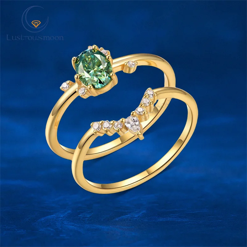 

Rings Jewelry Moissanite Gems S925 Plated Oval Shape Pear Round Cut Green Color Ring Set for Women Gift Engagement GRA Luxury