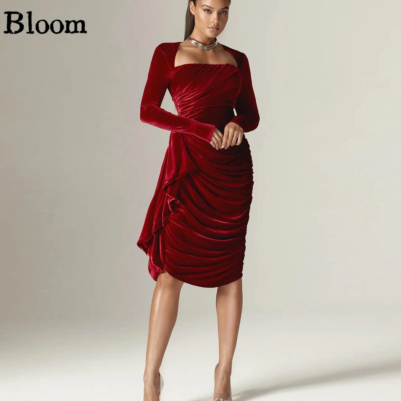 

Bloom Ruched Long Sleeves Velour Evening Dresses 2024 Sheath Knee-length Elegant Formal Dresses For Prom Wedding Party Dress