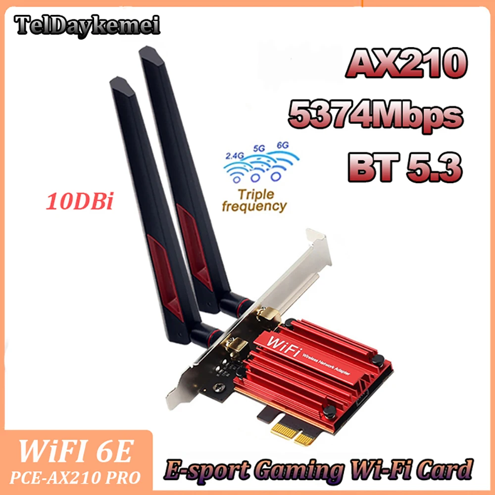 

Антенны 10 дБ, Wi-Fi 6E PCIE адаптер AX210 Bluetooth 5,3 беспроводные 5374 Мбит/с 2 в 1 трехдиапазонный 2,4G 5 ГГц 6 ГГц Wi-Fi 6 карт для ПК