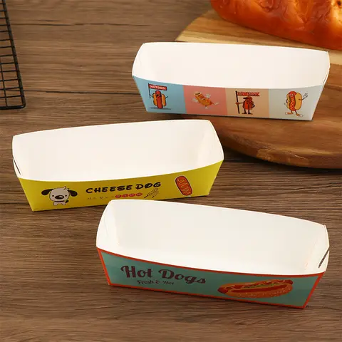 .New Sale.100Pieces No-Fold Hot Dog Packaging Box Paper Disposable Party Tableware Food Serving Tray Outdoor Tableware